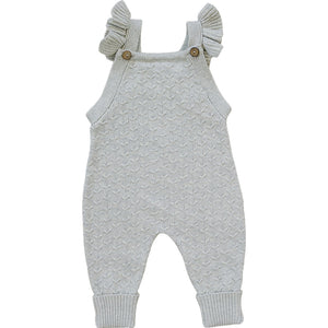 Grey ruffle knit overalls for babies, stylish and comfortable romper for little ones.