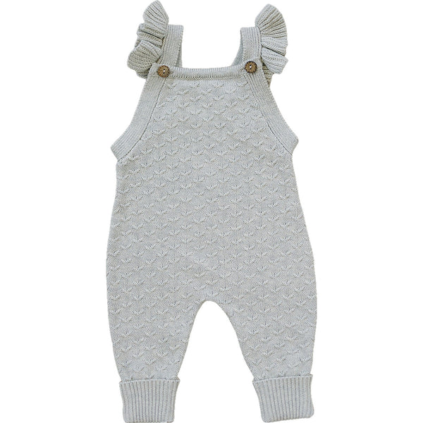 Grey ruffle knit overalls for babies, stylish and comfortable romper for little ones.