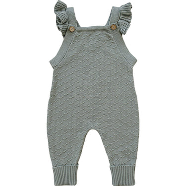 Green ruffle knit overalls for babies, perfect for stylish and comfortable playtime.