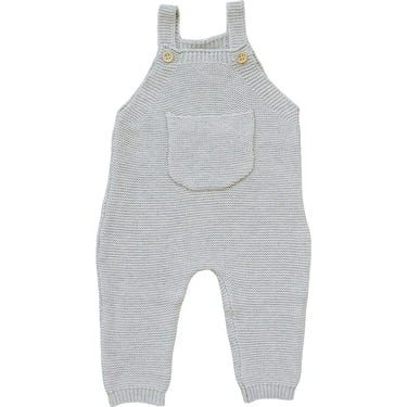 Grey knit overalls for babies, perfect for comfort and style in rompers and overalls category.