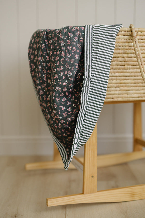 Olive Bloom + Green Stripes Muslin Quilt