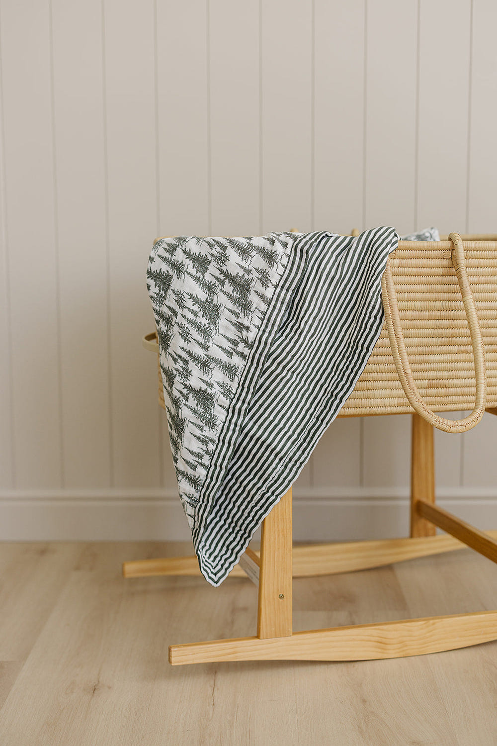 Forest + Green Stripes Muslin Quilt for babies, perfect for swaddling and cozy comfort.