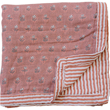 Vintage pink floral and pink stripes muslin quilt for baby bedding and sleep. Soft, stylish, and perfect for nursery decor.