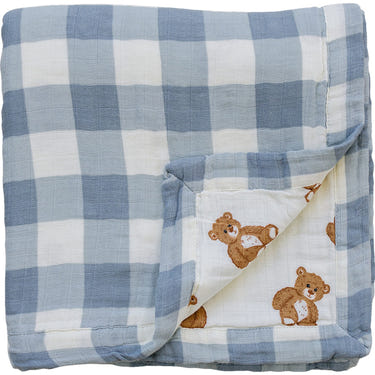 Dusty blue gingham teddy bear muslin quilt for babies, perfect for swaddling and cozy comfort.