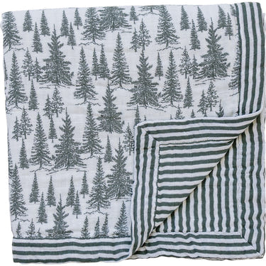 Forest + Green Stripes Muslin Quilt for babies, perfect for swaddling and cozy comfort.