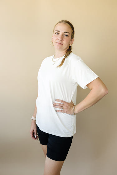 Adult unisex bamboo tee for maternity and nursing wear, soft and comfortable for new moms.