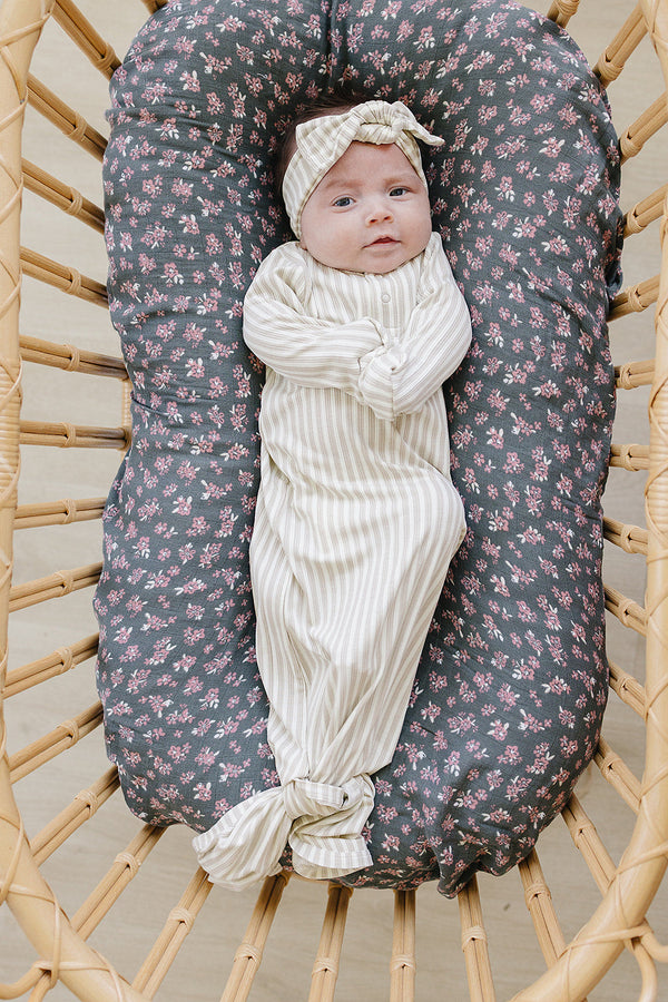 Mebie Baby Taupe Stripe Ribbed Bamboo Knot Gown 0-3