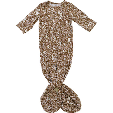 Brown floral ribbed bamboo knot gown for babies, perfect for stylish and comfortable dressing.