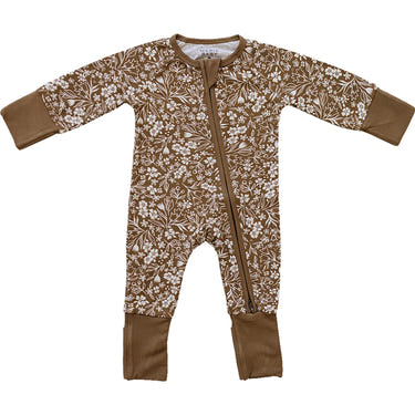Brown floral ribbed bamboo zipper footie pajamas for babies, featuring a cozy and stylish design.