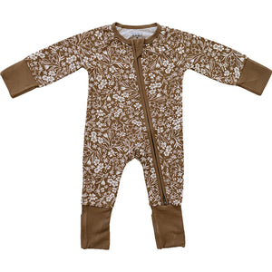 Brown floral ribbed bamboo zipper footie pajamas for babies, featuring a cozy and stylish design.