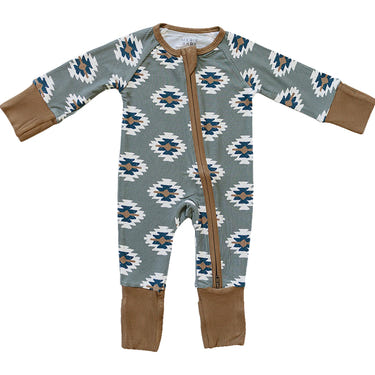 Southwest Aztec ribbed bamboo zipper footie pajamas for babies, featuring a stylish design and soft fabric.