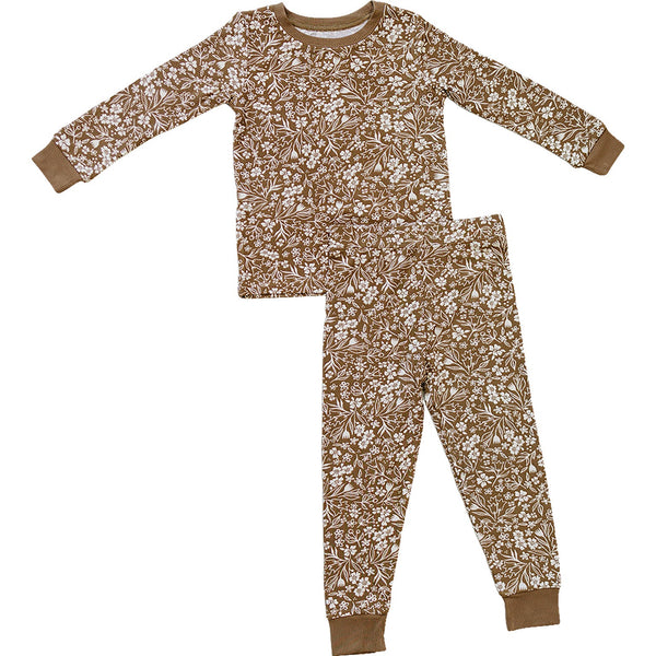 Brown floral ribbed bamboo cozy set for babies, featuring a soft two-piece design perfect for comfort and style.