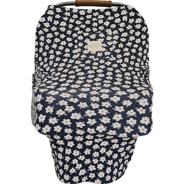 Navy Daisy Ribbed Bamboo Multi-Use Cover for babies, perfect for nursing, stroller, and car seat use.