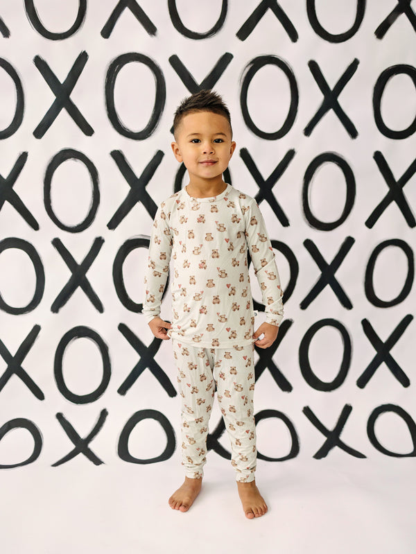 Valentine's Teddy Bear 2pc Bamboo Pajamas for babies, featuring soft, cozy fabric in a playful design.