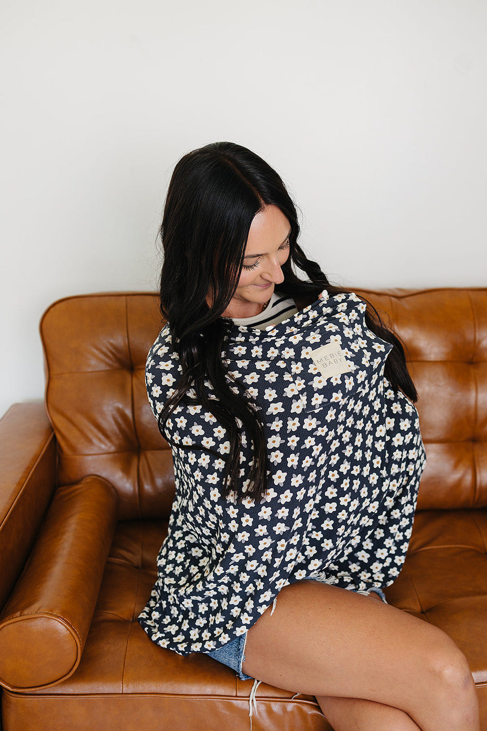 Navy Daisy Ribbed Bamboo Multi-Use Cover for babies, perfect for nursing, stroller, and car seat use.