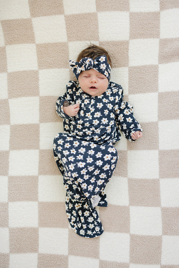 Navy Daisy Ribbed Bamboo Knot Gown