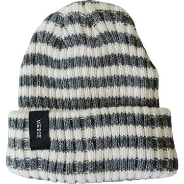 Grey & white stripe chunky knit beanie for babies, perfect for warmth and style in cooler weather.