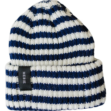 Navy and white stripe chunky knit beanie for babies, perfect for warmth and style.