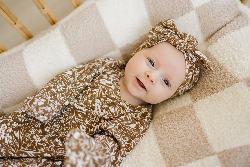 Brown floral ribbed bamboo head wrap for babies, perfect for stylish and comfortable wear.