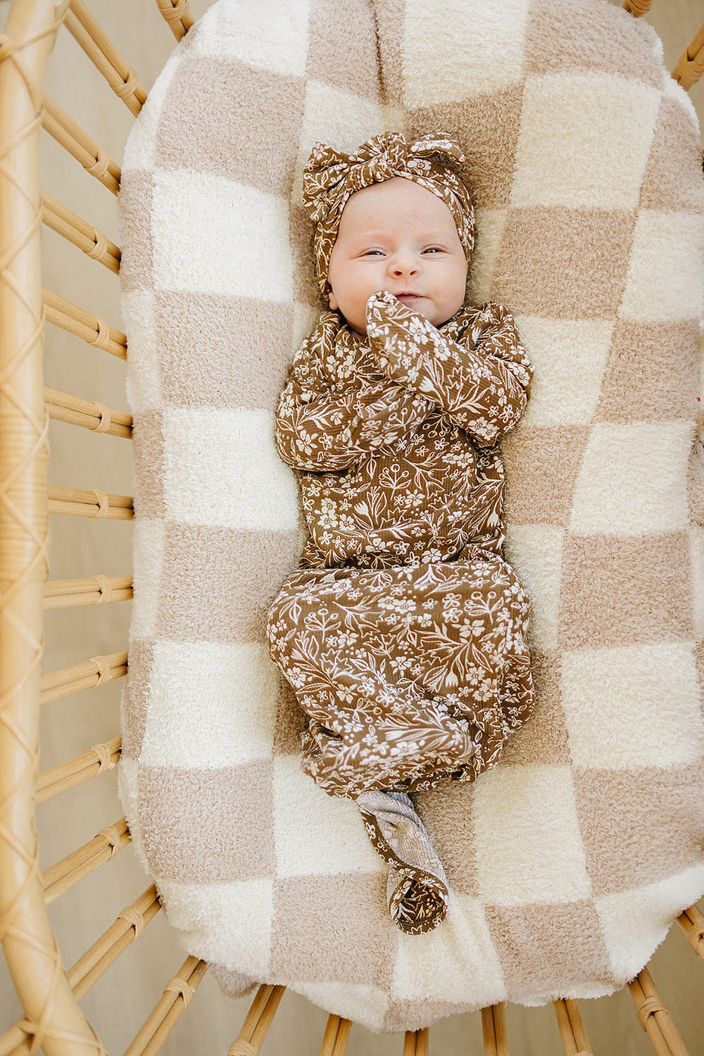 Brown floral ribbed bamboo knot gown for babies, perfect for stylish and comfortable dressing.