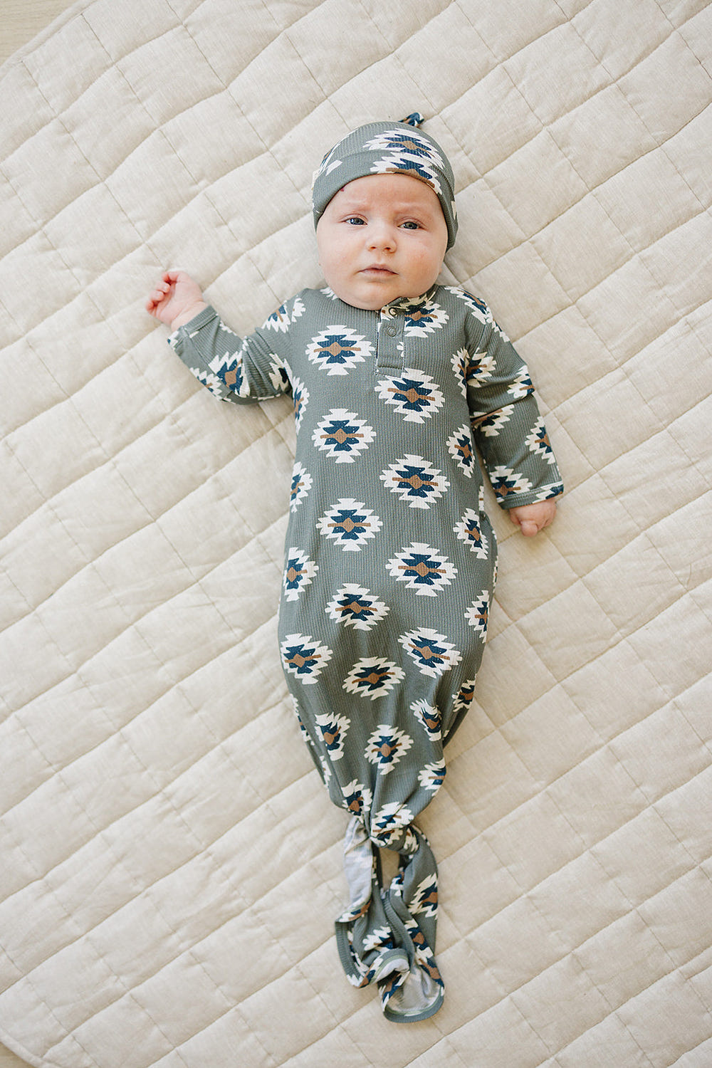 Southwest Aztec Ribbed Bamboo Knot Gown for babies, perfect for sleep and play in stylish comfort.