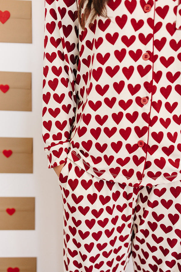 Adult Hearts Pajama Set for maternity and nursing, shown from angle 2, featuring a cozy and stylish design.