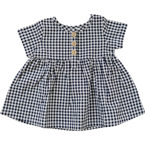 Navy gingham linen cotton dress for babies, stylish and comfortable clothing for little ones.
