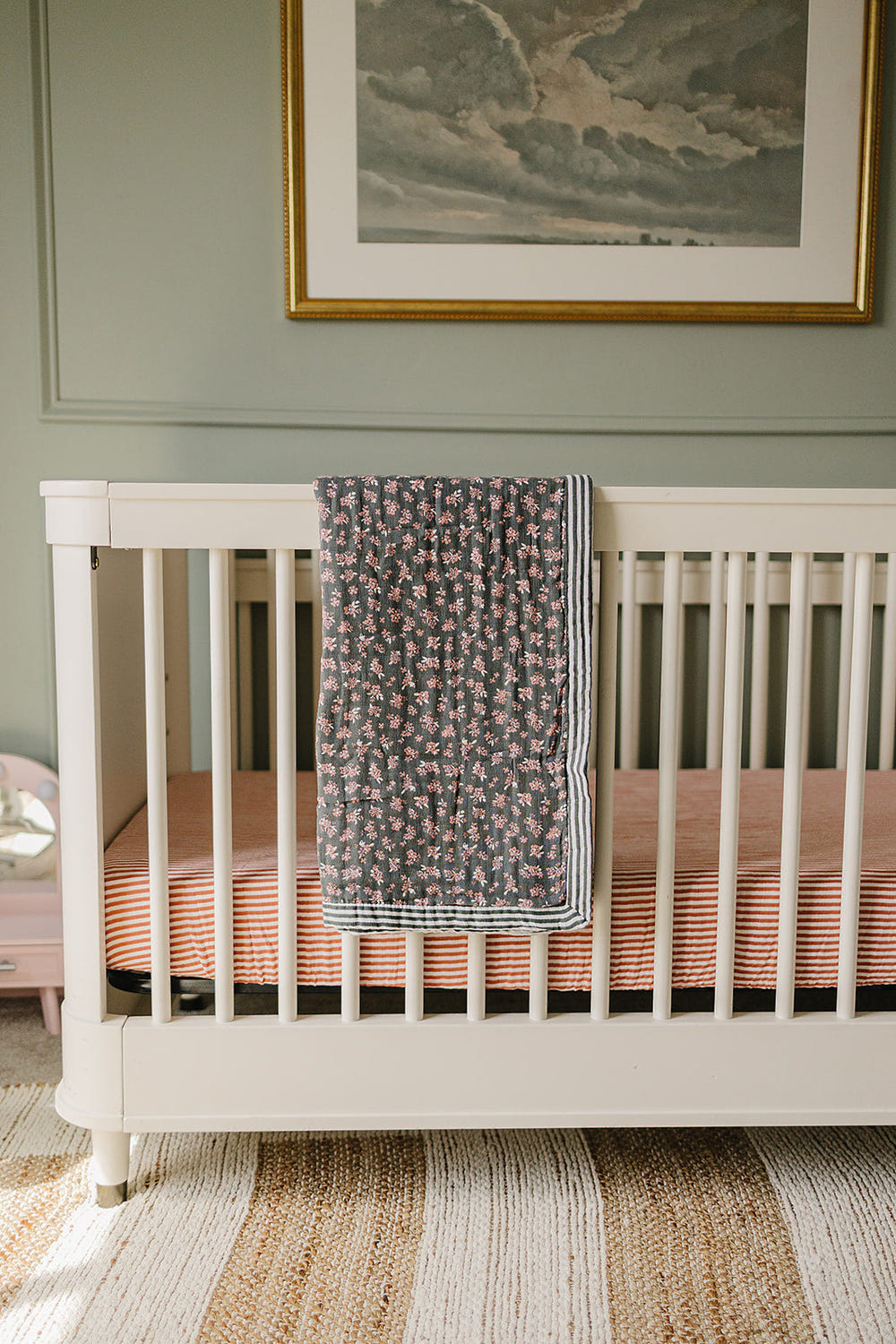 Olive Bloom + Green Stripes Muslin Quilt for babies, soft bedding for a cozy sleep environment.