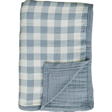 Dusty blue gingham twin muslin quilt for babies, perfect for cozy bedding and stylish nursery decor.