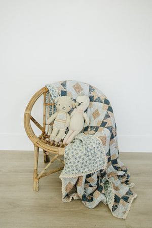 Patchwork print and blue blossom lace muslin quilt for babies, perfect for bedding and sleep.