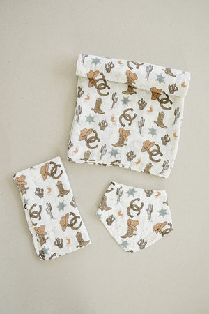 Outlaw Cowboy Classic Muslin Bib for babies, featuring a stylish cowboy design in angle 6 view.