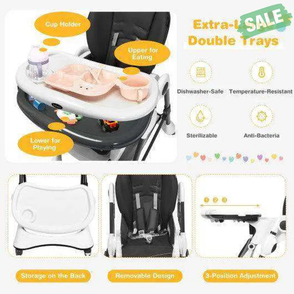 A-Shaped High Chair with 4 Lockable Wheels-Black Gray High Chairs