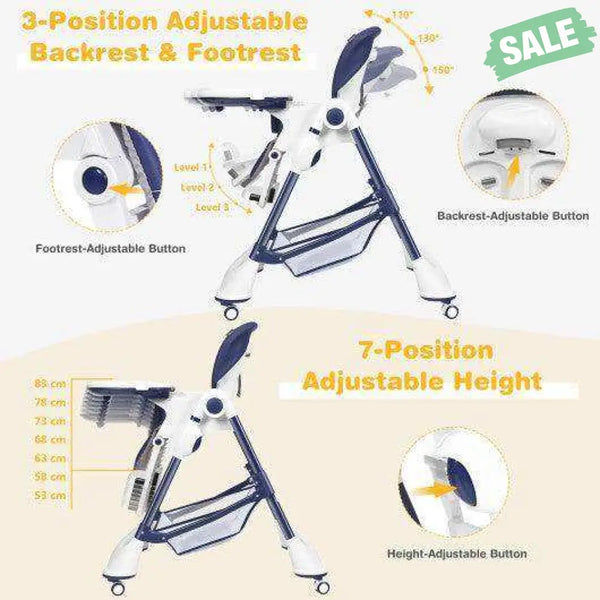 A-Shaped High Chair with 4 Lockable Wheels-Black Navy High Chairs