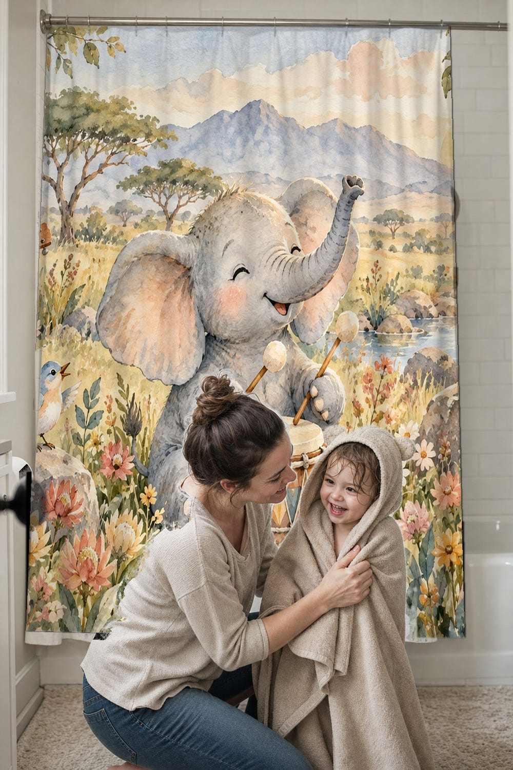 Elephant Drum shower curtain, full front view of the 71 x 74 in fabric curtain