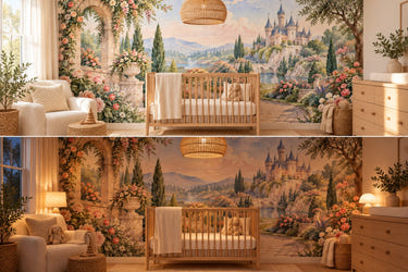 Watercolor Castle Garden Fairy Tale Wall Mural, image 1