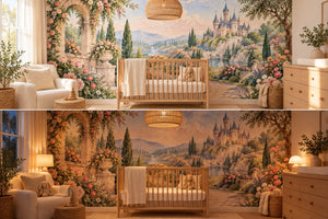 Watercolor Castle Garden Fairy Tale Wall Mural, image 1