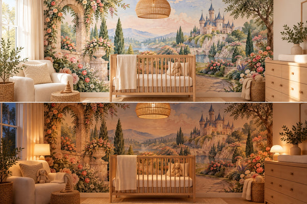 Watercolor Castle Garden Fairy Tale Wall Mural, image 1