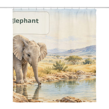 E is for Elephant Alphabet shower curtain, full front view of the 71 x 74 in fabric curtain