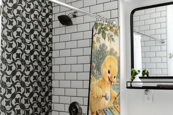 Duckling Xylophone shower curtain in a modern farmhouse bathroom with subway tile