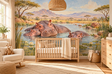 Watercolor Hippo Family Safari Wall Mural, image 1