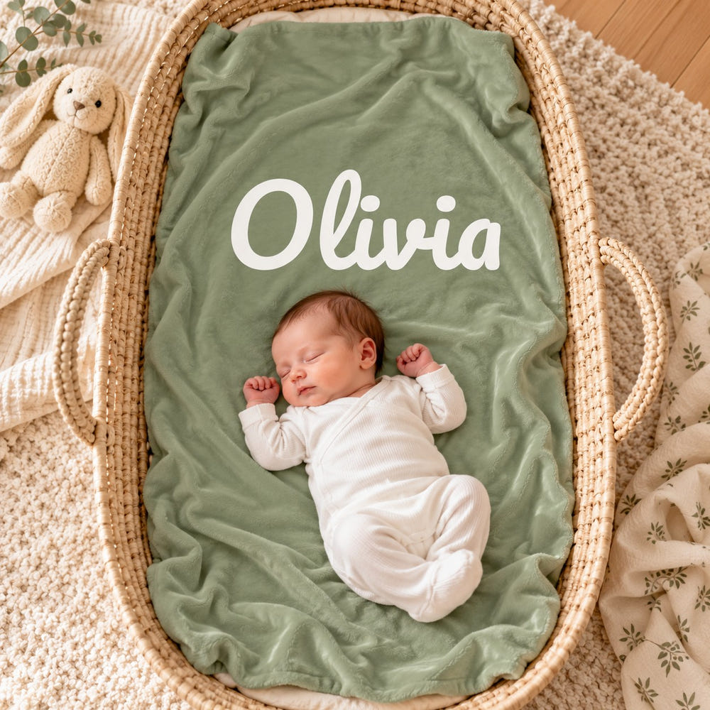 Baby Surname swaddle blanket in oat, held by a mom
