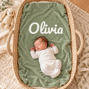 Classic Name swaddle blanket, personalized, styled photo 1