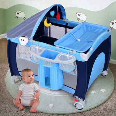 Foldable baby crib playpen with mosquito net and carrying bag, perfect for safe playtime and travel.