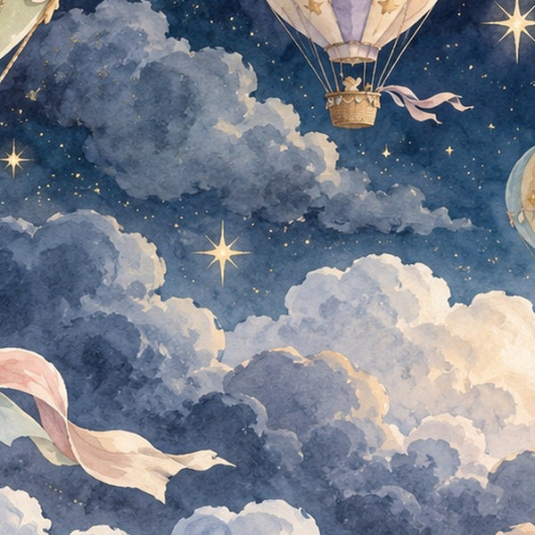 Moonlit Flight Hot Air Balloon shower curtain, close up of the watercolor artwork