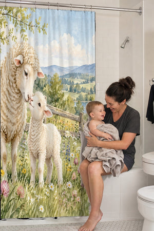 Mom holding her baby on the tub edge next to the Lamb Meadow Farm shower curtain