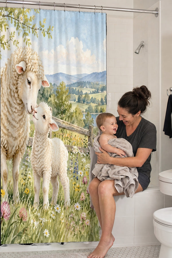Mom holding her baby on the tub edge next to the Lamb Meadow Farm shower curtain
