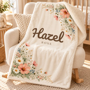 Wildflower sherpa baby blanket, personalized, styled photo 1