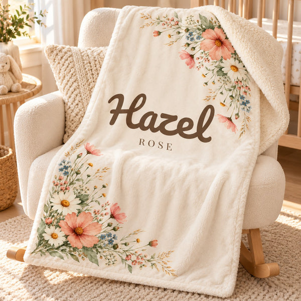 Wildflower sherpa baby blanket, personalized, styled photo 1