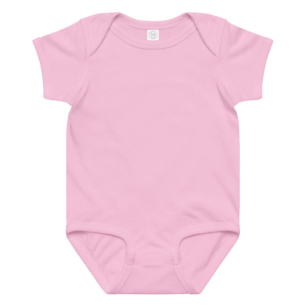 Personalize the embroidered bodysuit, pink / white thread: type the name and birth date