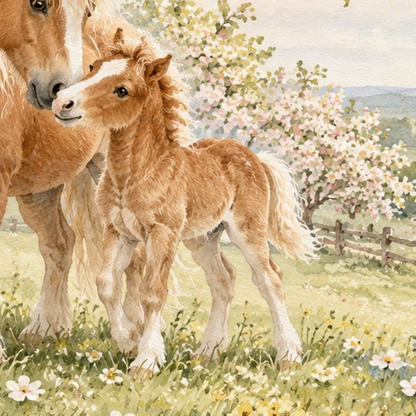Pony Orchard Farm shower curtain, close up of the watercolor artwork